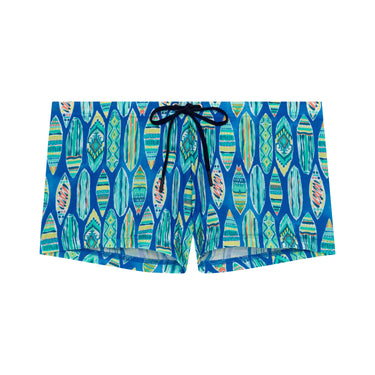 Colorful patterned shorts with a drawstring on a white background